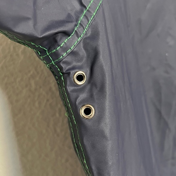 Vintage Vinyl Apple Green & Navy Retro Raincoat with Hood Drawstring Like New  M - Picture 11 of 16